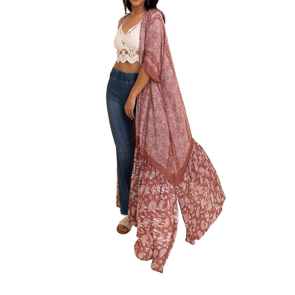 NEW LETO long paisley flowy kimono in wine